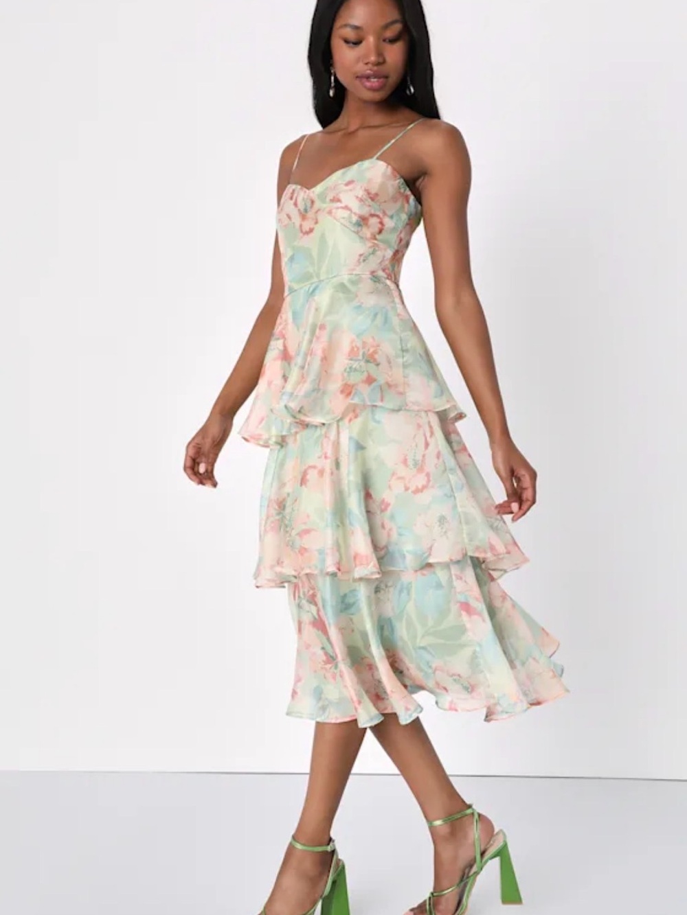 NWT Lulu's Pastel Mint and Pink Floral Tiered Midi Dress - Picture 8 of 9